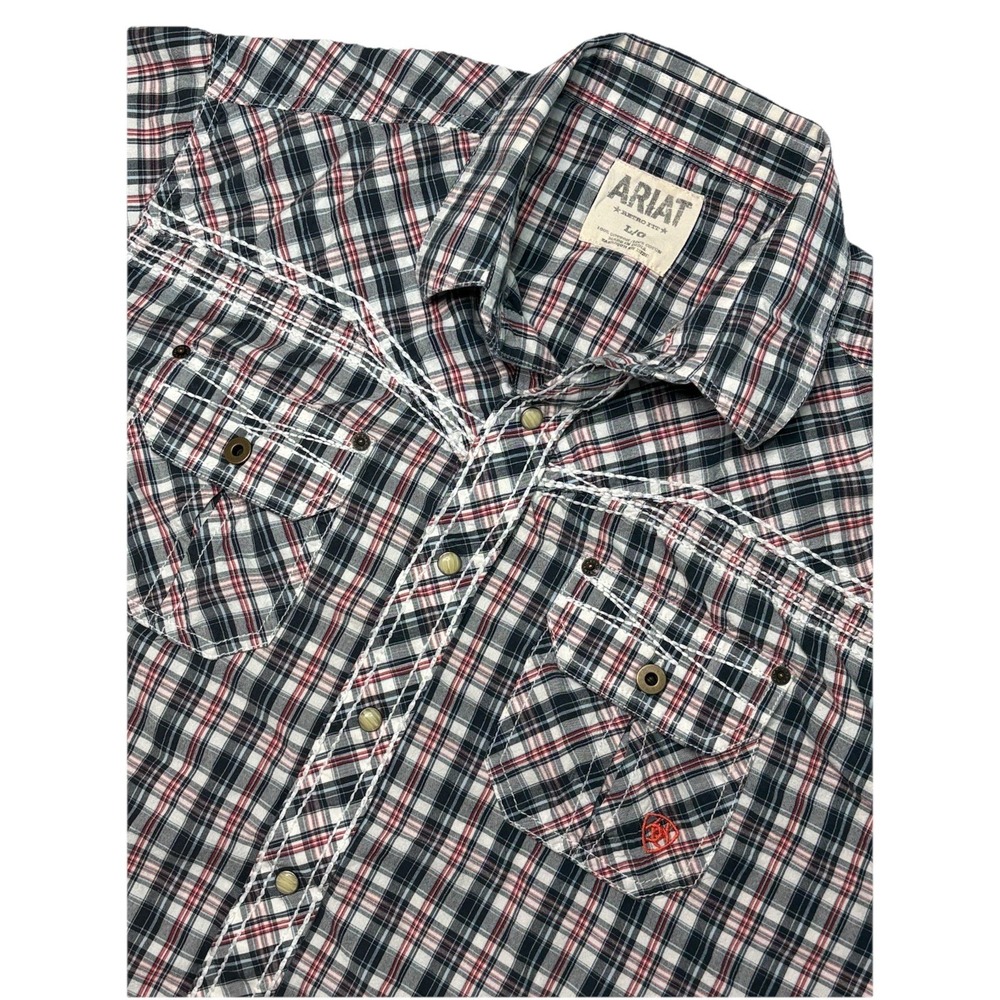 Ariat Retro Fit Western Shirt Mens L Plaid Pearl Snap Cowboy Rodeo Short Sleeve